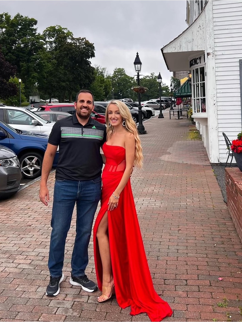 Luxxel Strapless Red Formal Gown with Thigh Slit
